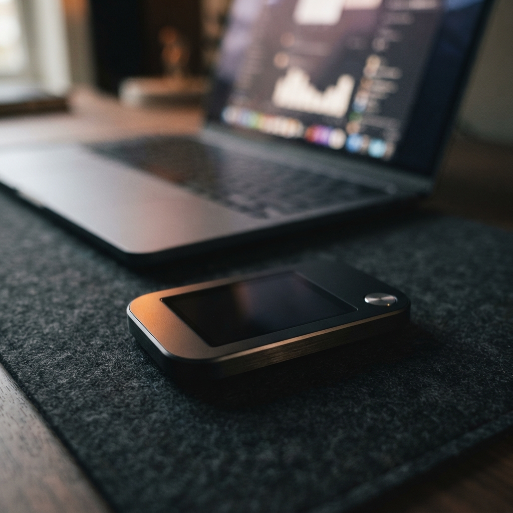 Small black-and-bronze touchscreen device on a dark desk mat with a blurred open laptop behind it.